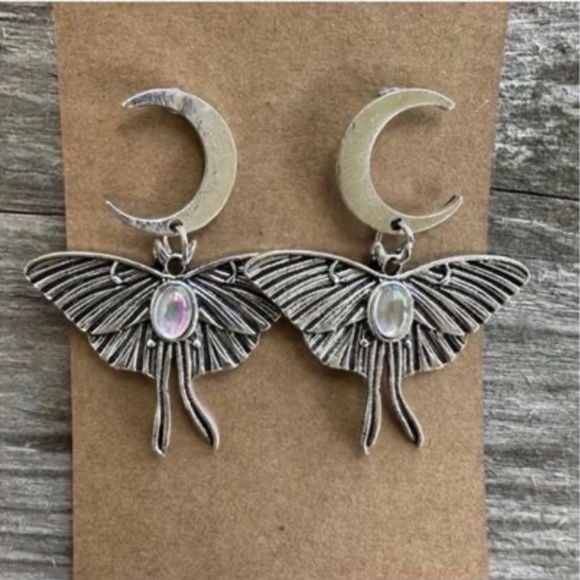 ✨“Celestial Moth & Moon Drop Earrings – Iridescent Gemstone Accent” - Picture 1 of 16
